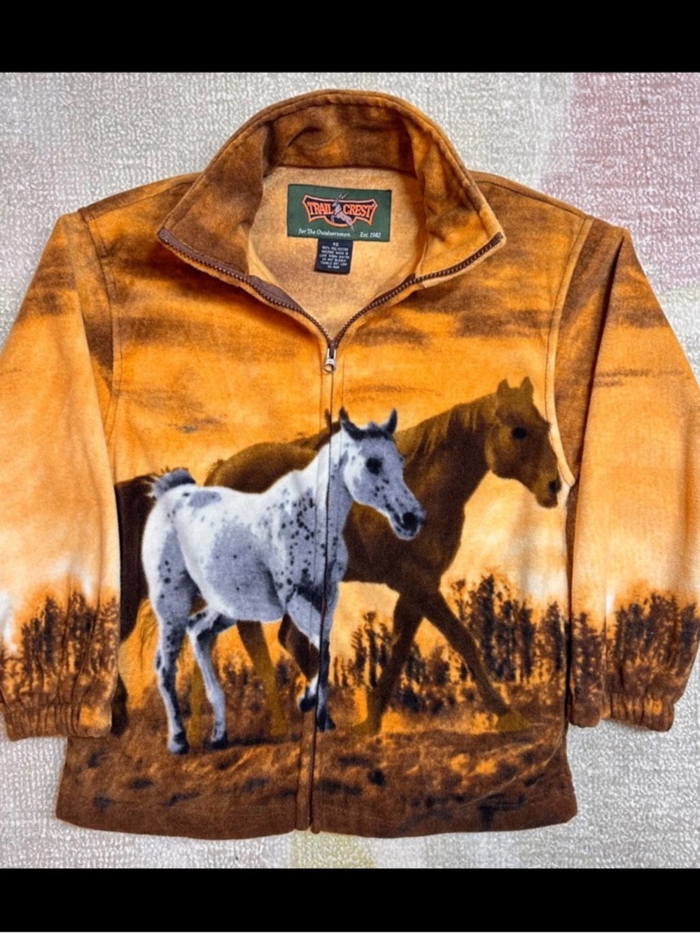 Vintage Women fleece Orange Horse Print Fleece Jacket
